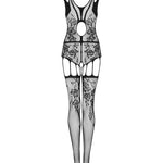 The black floral-geometric bodystocking, seen from a different angle