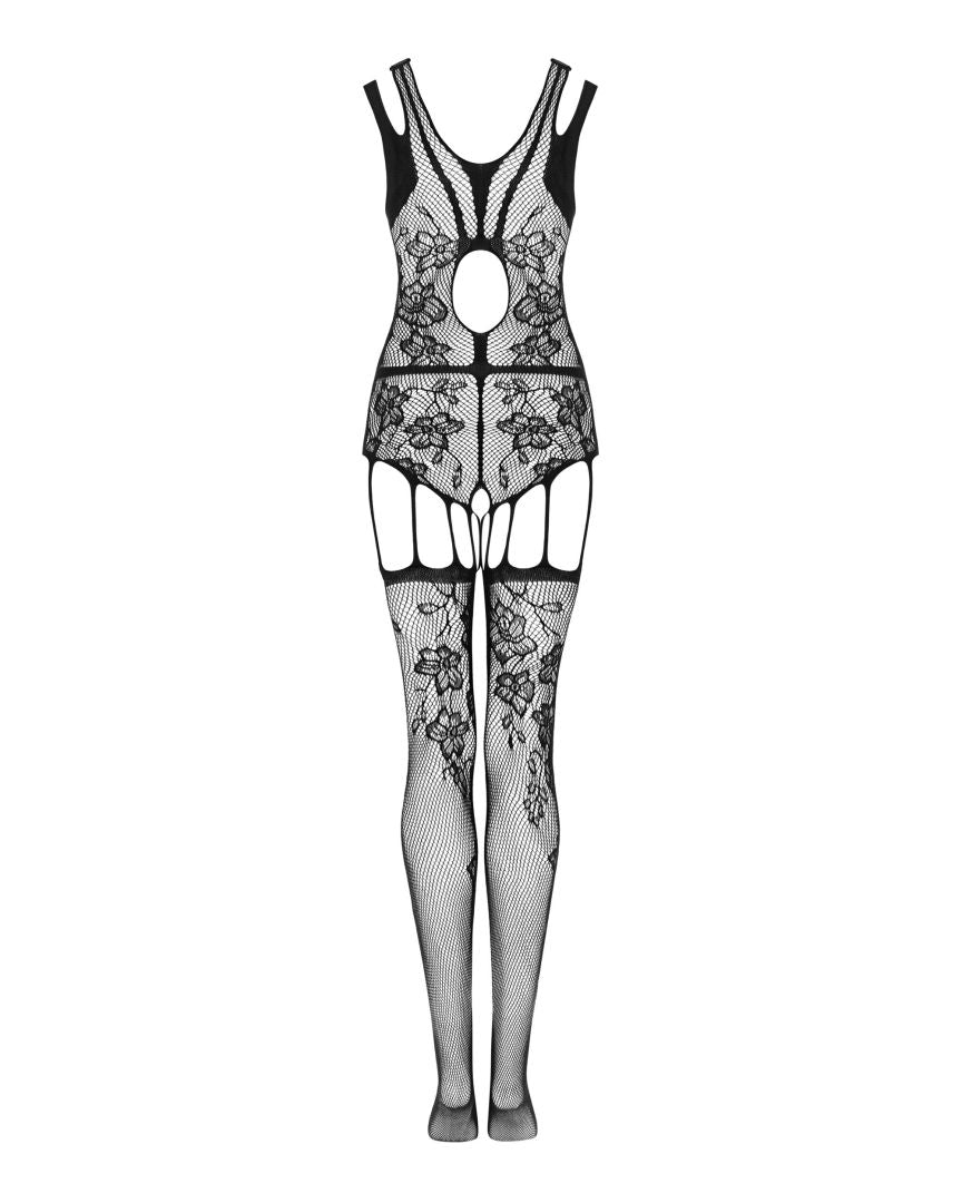 The black floral-geometric bodystocking, seen from a different angle