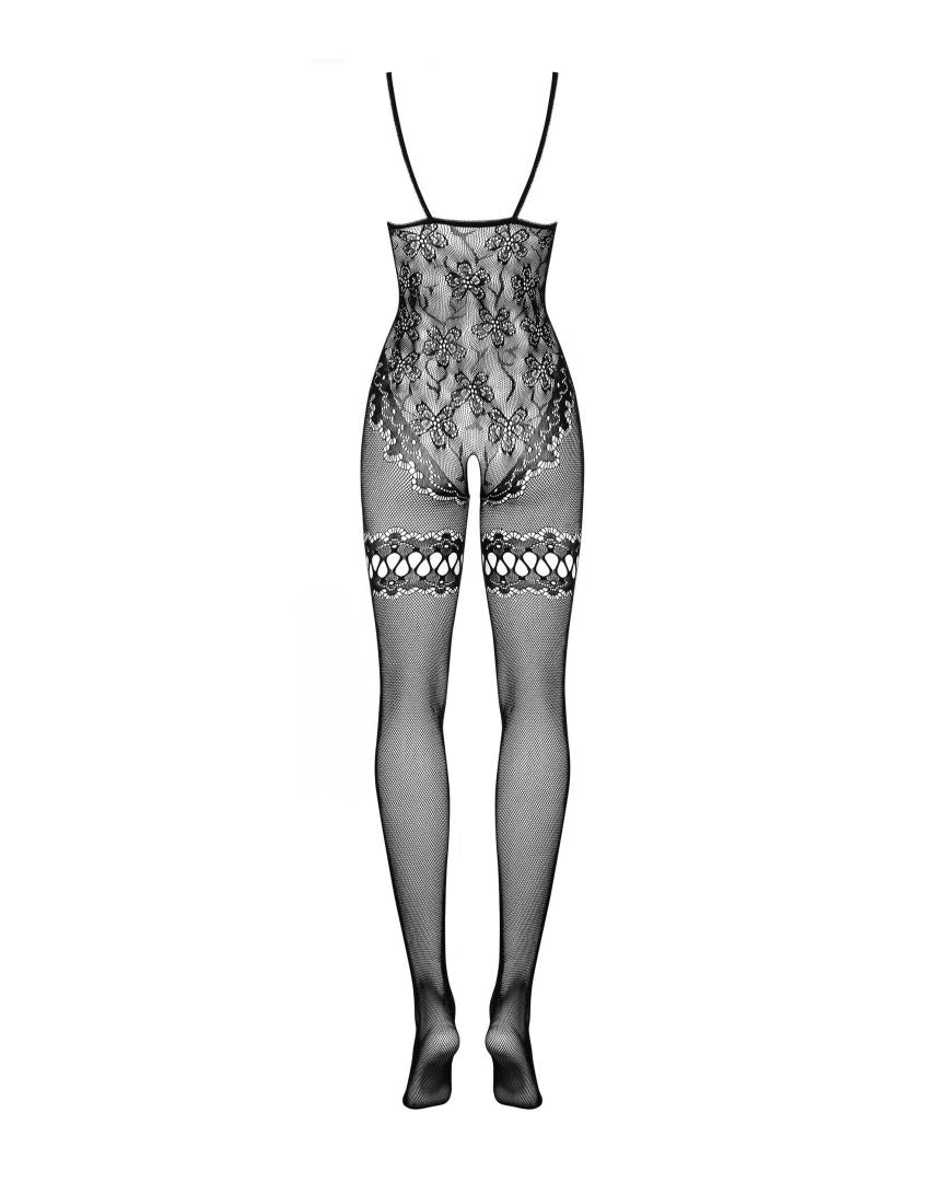 An additional view of the black floral knit bodystocking