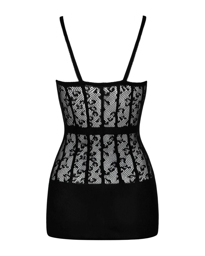An additional view of the black floral knit dress