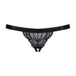 An additional view of the black floral lace ouvert thong