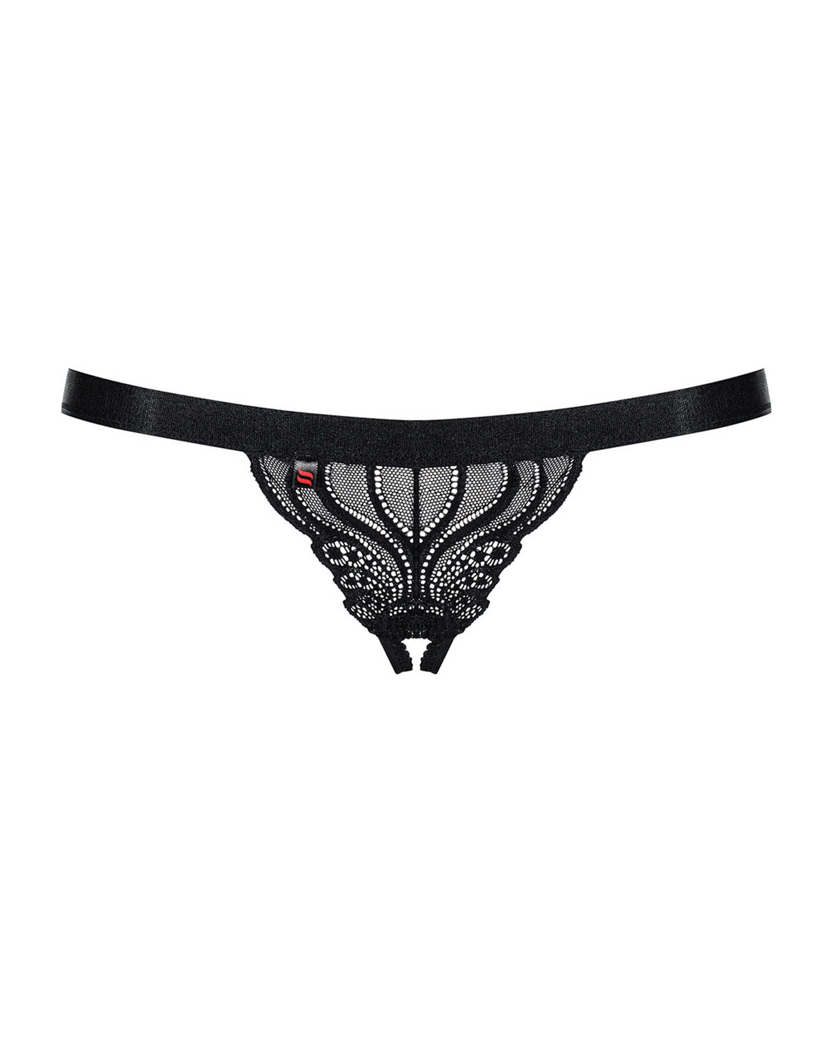 An additional view of the black floral lace ouvert thong