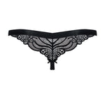 The black floral lace ouvert thong, featuring an open ouvert cut