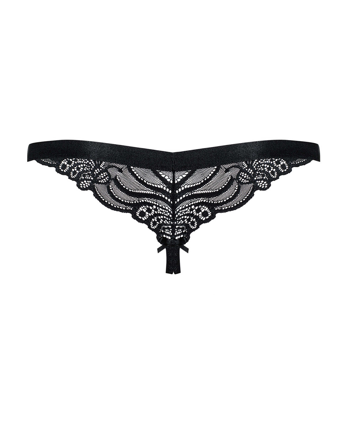 The black floral lace ouvert thong, featuring an open ouvert cut