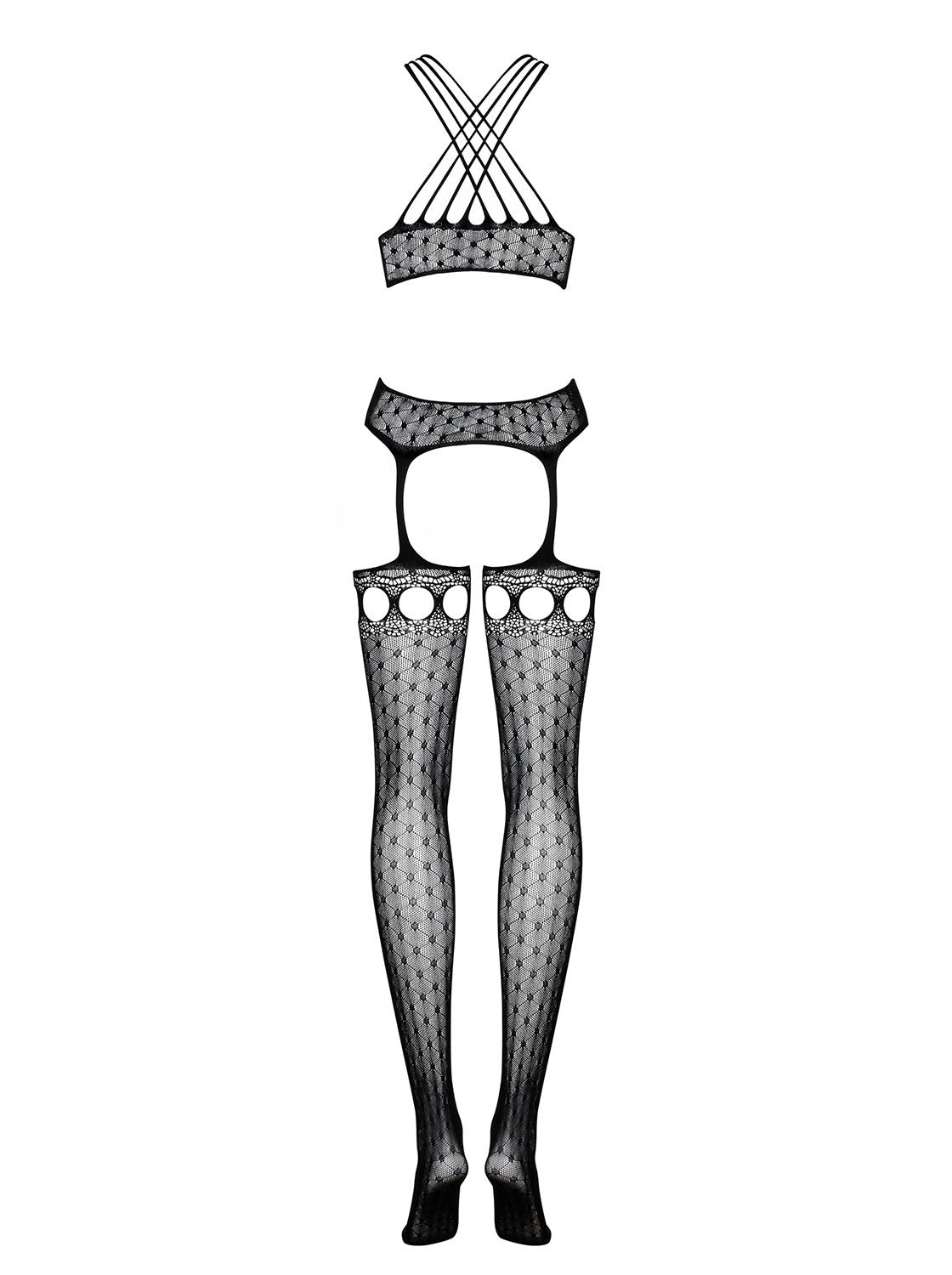 An additional view of the black geometric bodystocking