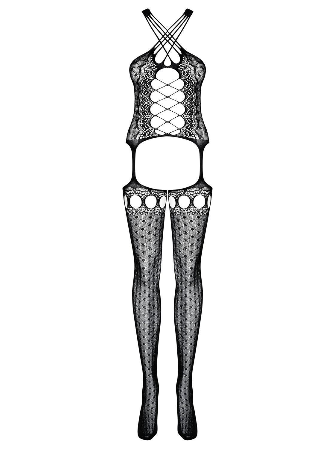 The black geometric bodystocking, featuring an open back