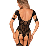 An alternate view of the black geometric mesh garter bodystocking, with arm cut-outs