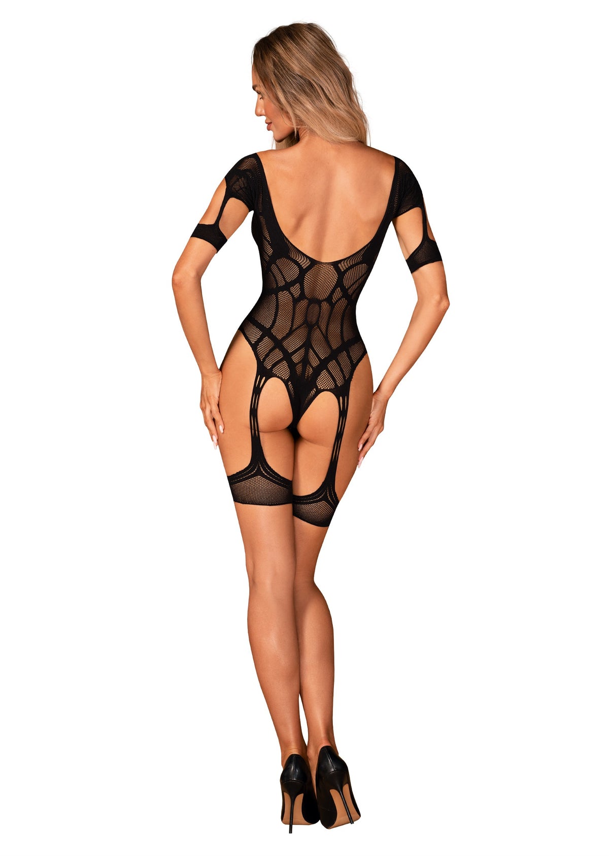 A further look at the black geometric mesh garter bodystocking