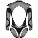 The black geometric mesh teddy, featuring an open-crotch cut