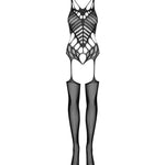The black geometric pattern bodystocking, shown in an alternate image
