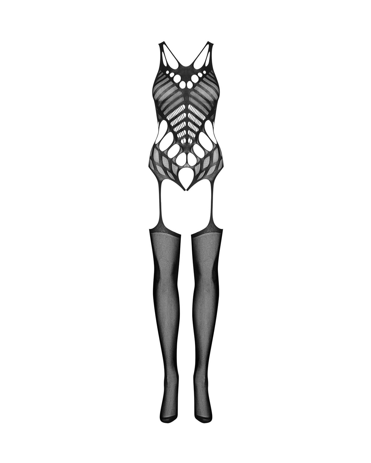 The black geometric pattern bodystocking, shown in an alternate image