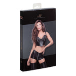 An additional view of the black high-waisted wetlook shorts