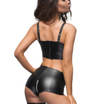 An alternate view of the black high-waisted wetlook shorts, with a silver two-way crotch zipper