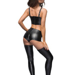 The black high-waisted wetlook shorts seen from another angle