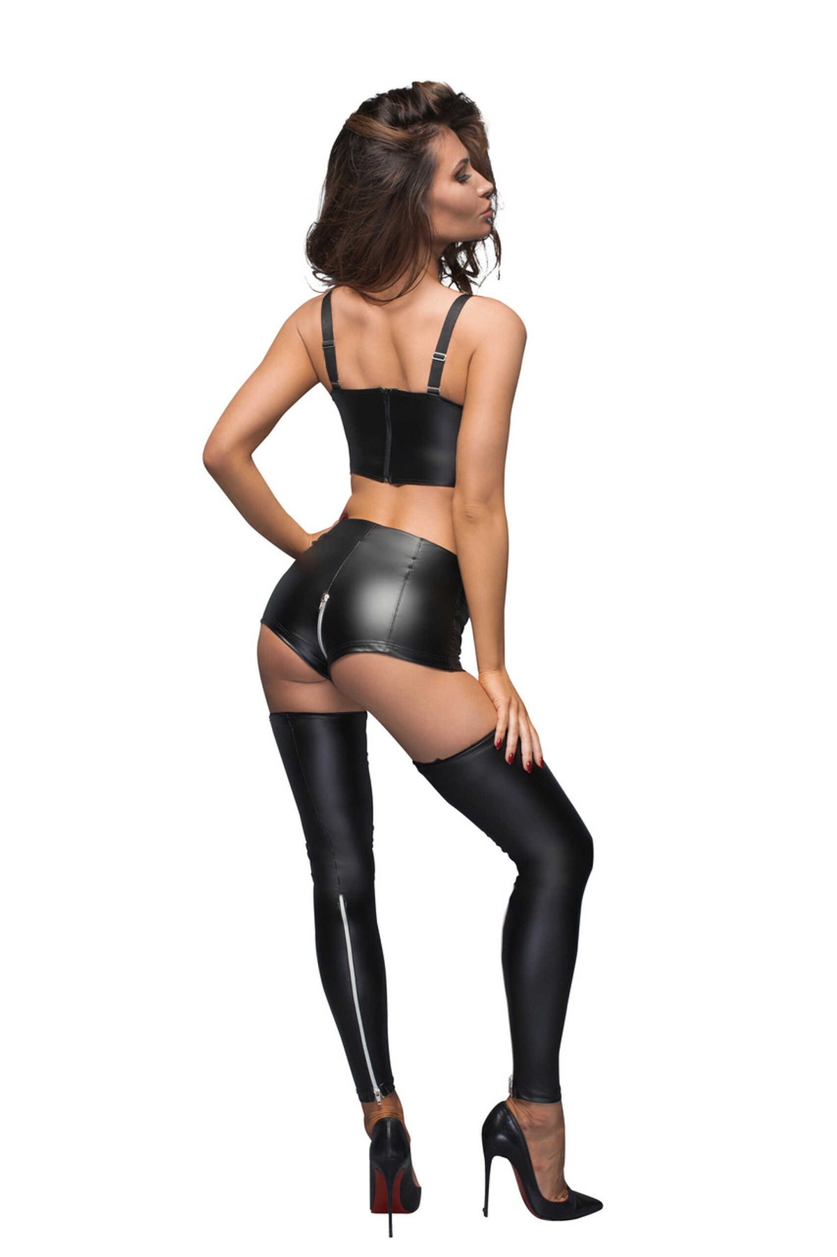 The black high-waisted wetlook shorts seen from another angle