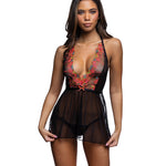 Black and hot pink floral embroidered lace babydoll with a plunge neckline and gathered skirt