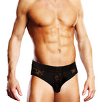 Black lace open back men's brief in a nylon and spandex blend