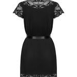 The black lace-trim robe with a satin waist ribbon