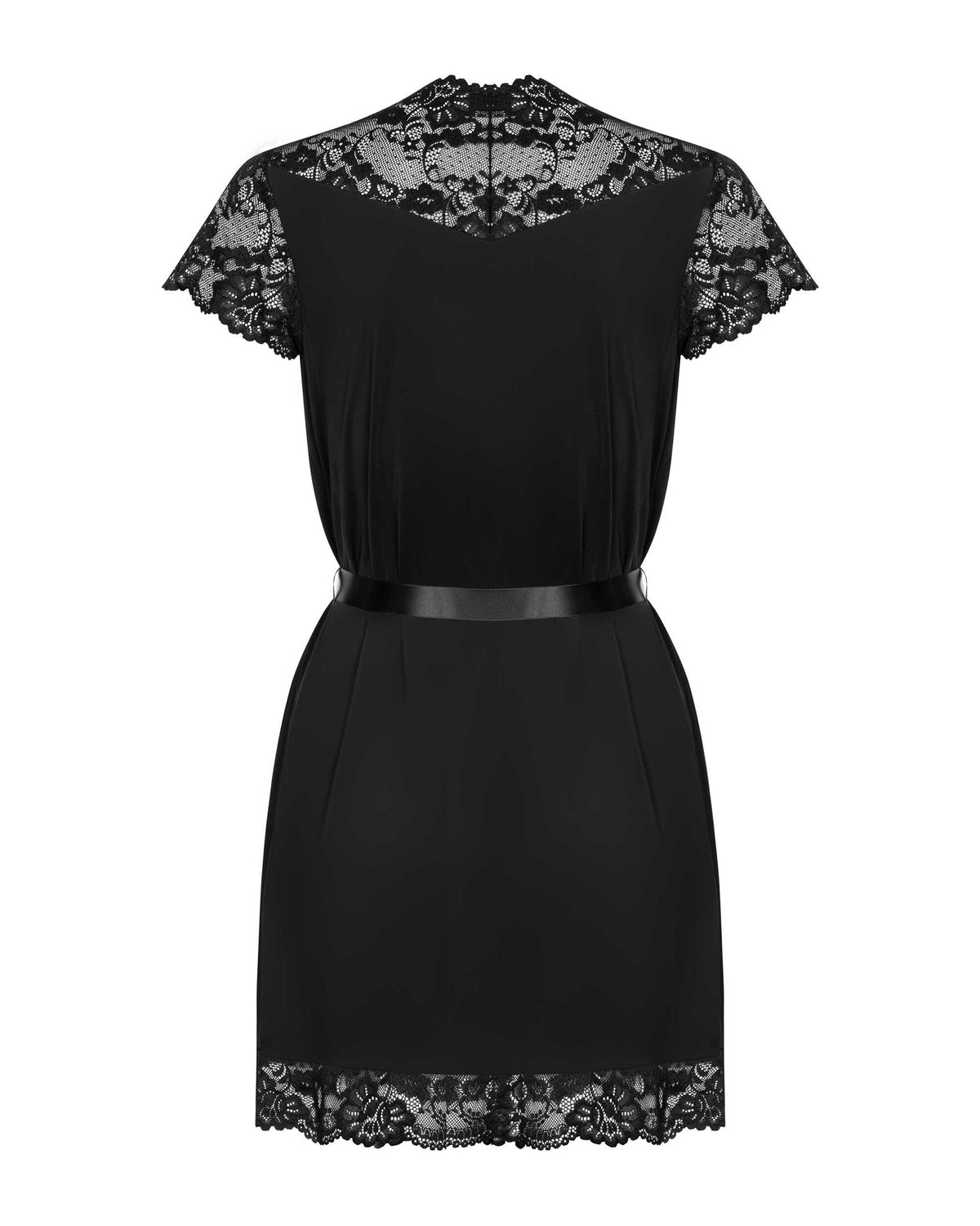 The black lace-trim robe with a satin waist ribbon