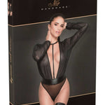 An additional view of the black long-sleeved mesh bodysuit