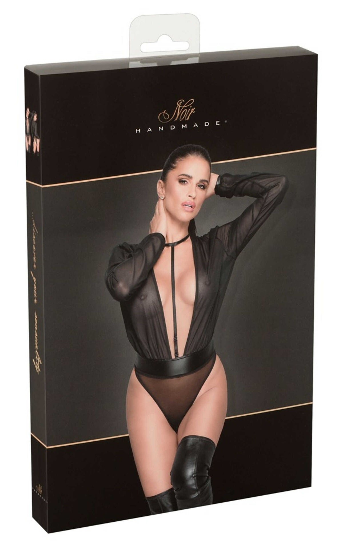 An additional view of the black long-sleeved mesh bodysuit