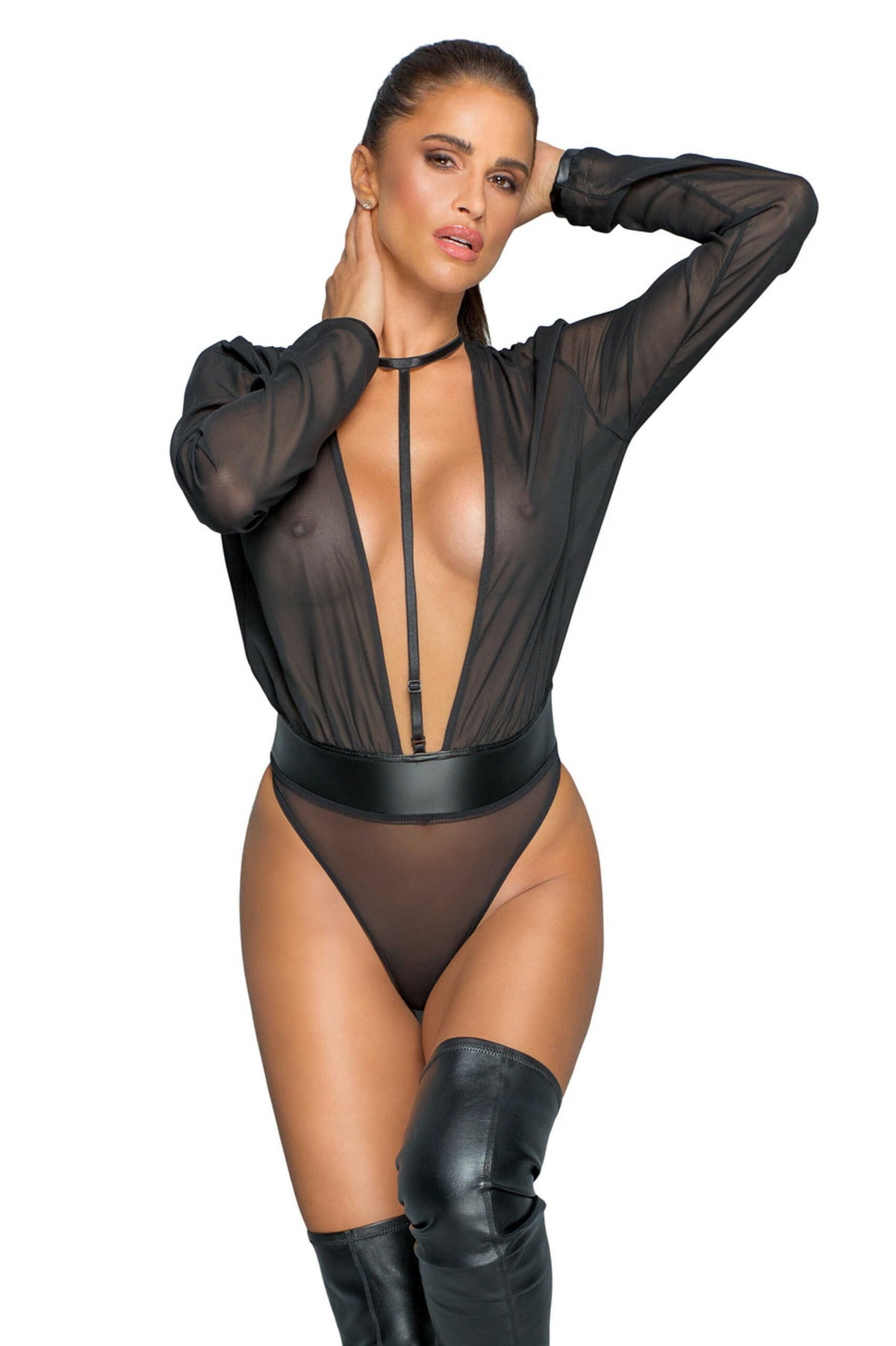 The black long-sleeved mesh bodysuit seen from another angle