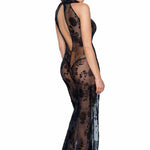 An alternate view of the black long tulle dress, with a tie-up high halter neck
