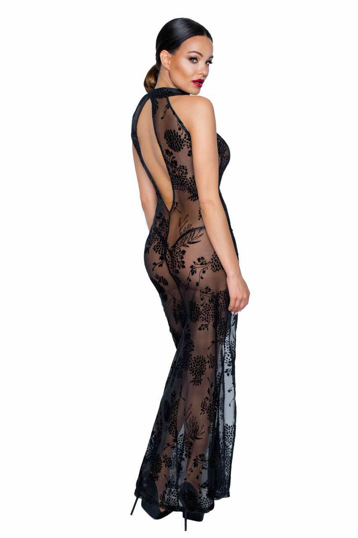 An alternate view of the black long tulle dress, with a tie-up high halter neck