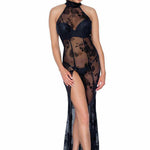 The black long tulle dress with a thigh-high slit