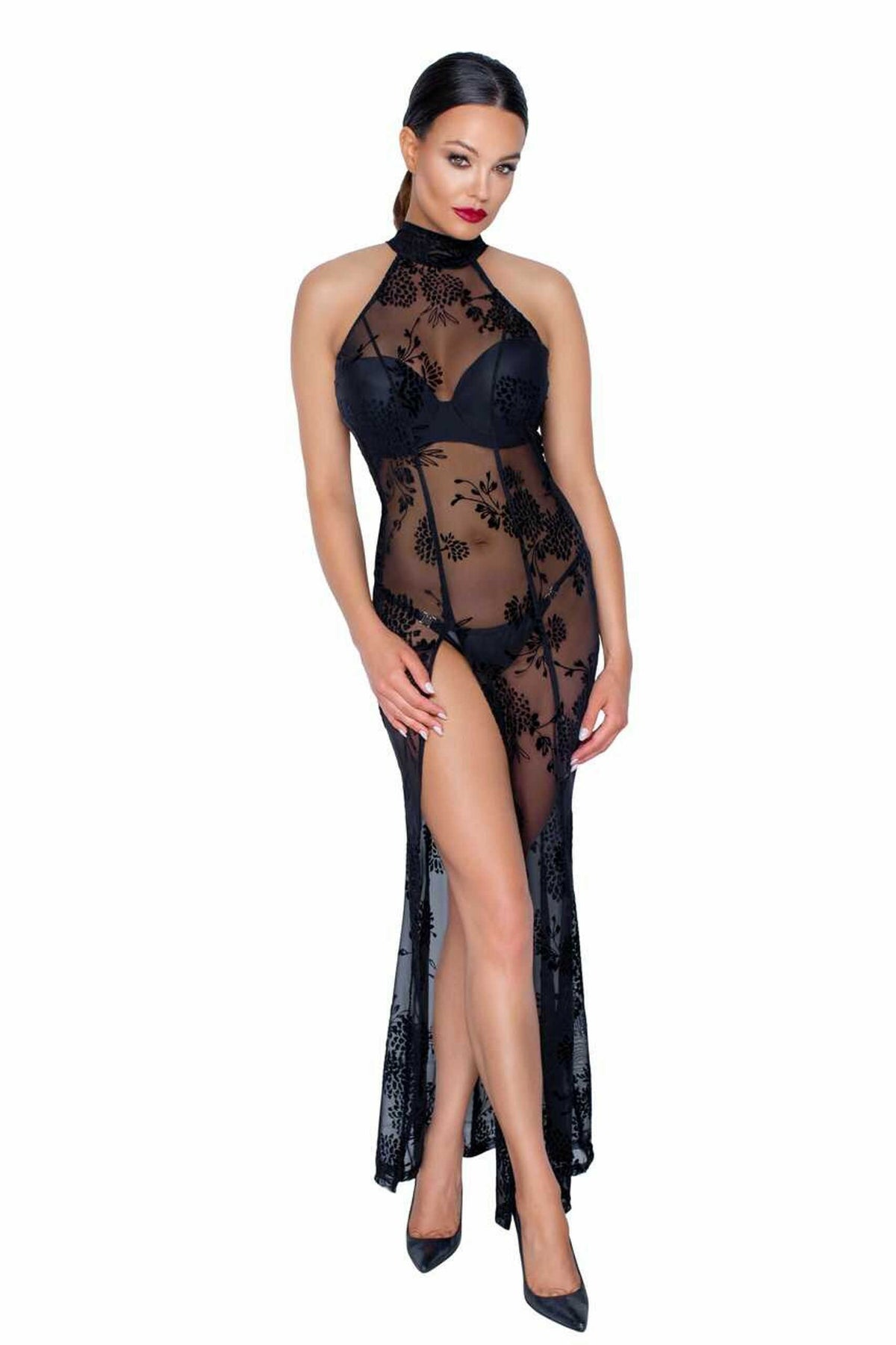 The black long tulle dress with a thigh-high slit