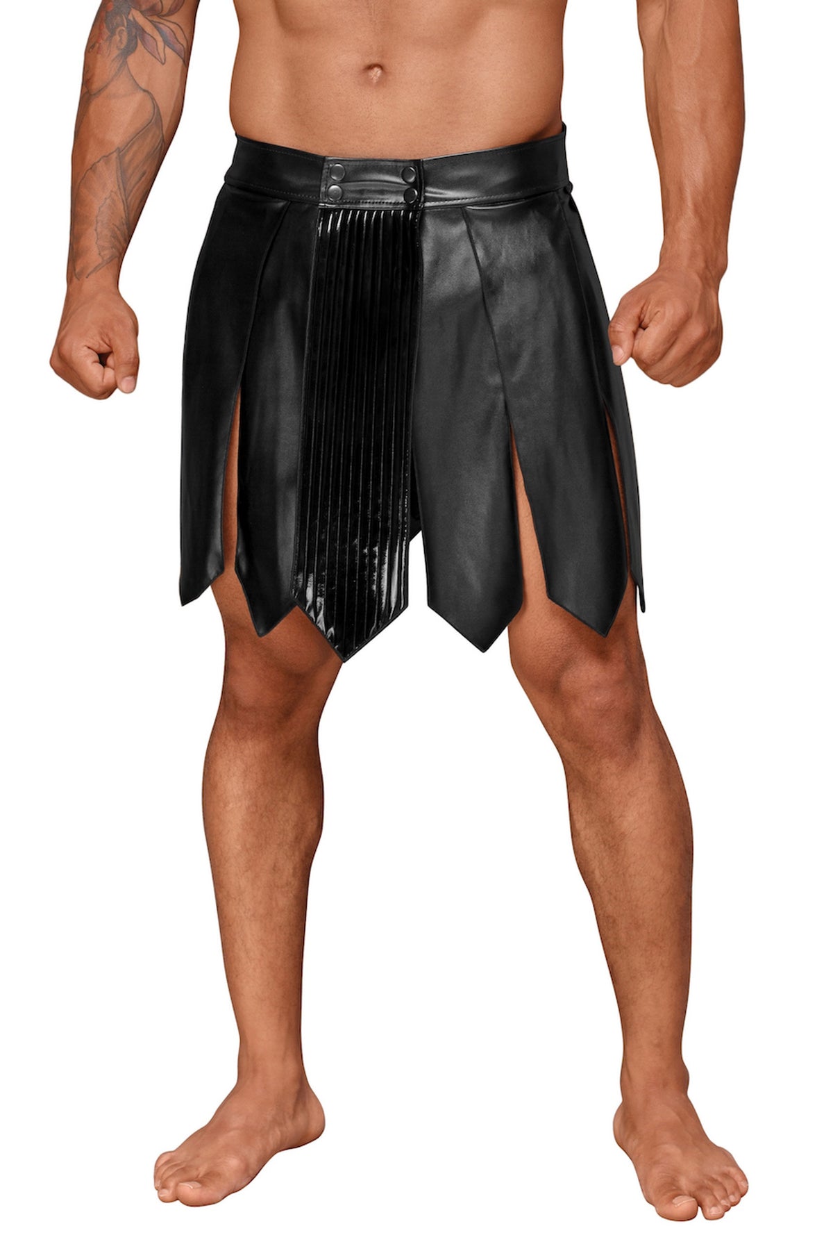 An alternate view of the black men's eco-leather gladiator skirt, made from a polyester and elastane blend with polymer coating