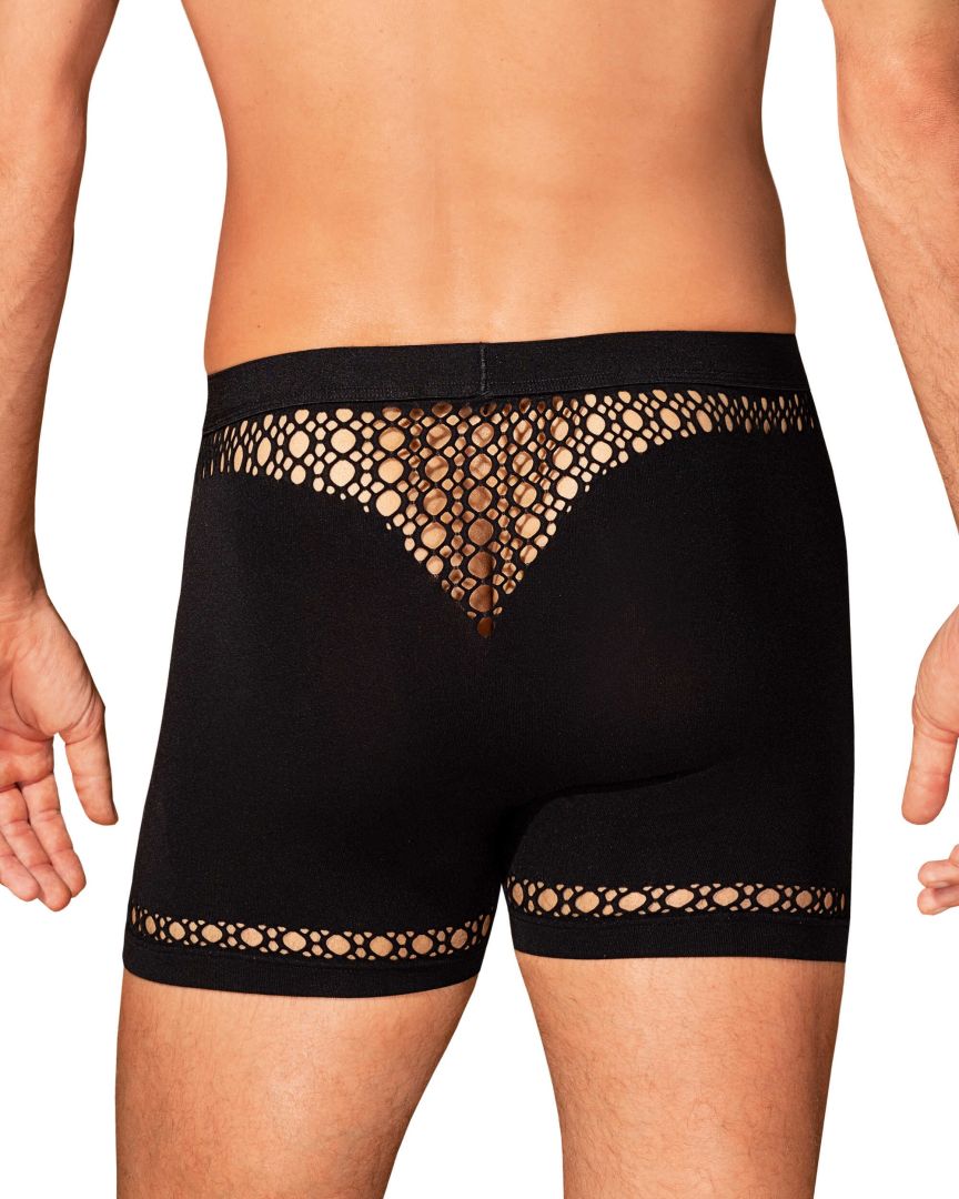 An alternate view of the black men's geometric cutout boxer shorts, made from silky-soft stretch fabric