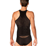 An alternate view of the black men's tank top, with ultra-flexible knit