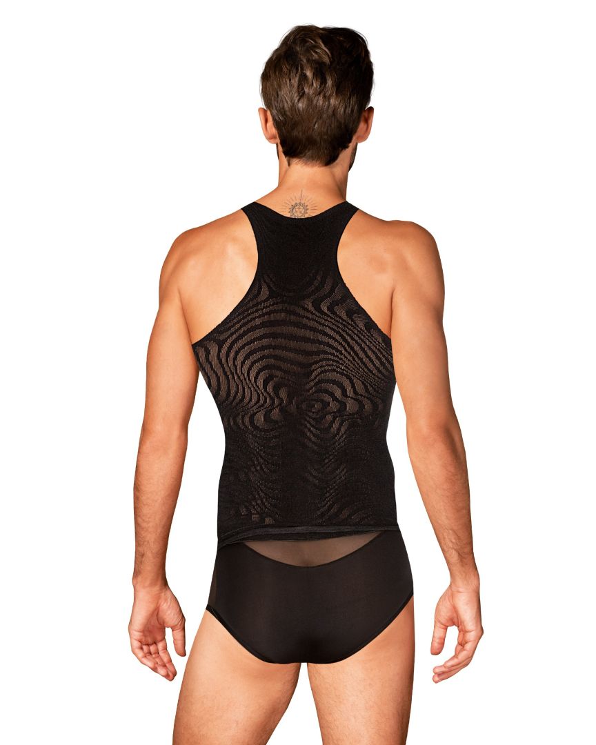 An alternate view of the black men's tank top, with ultra-flexible knit