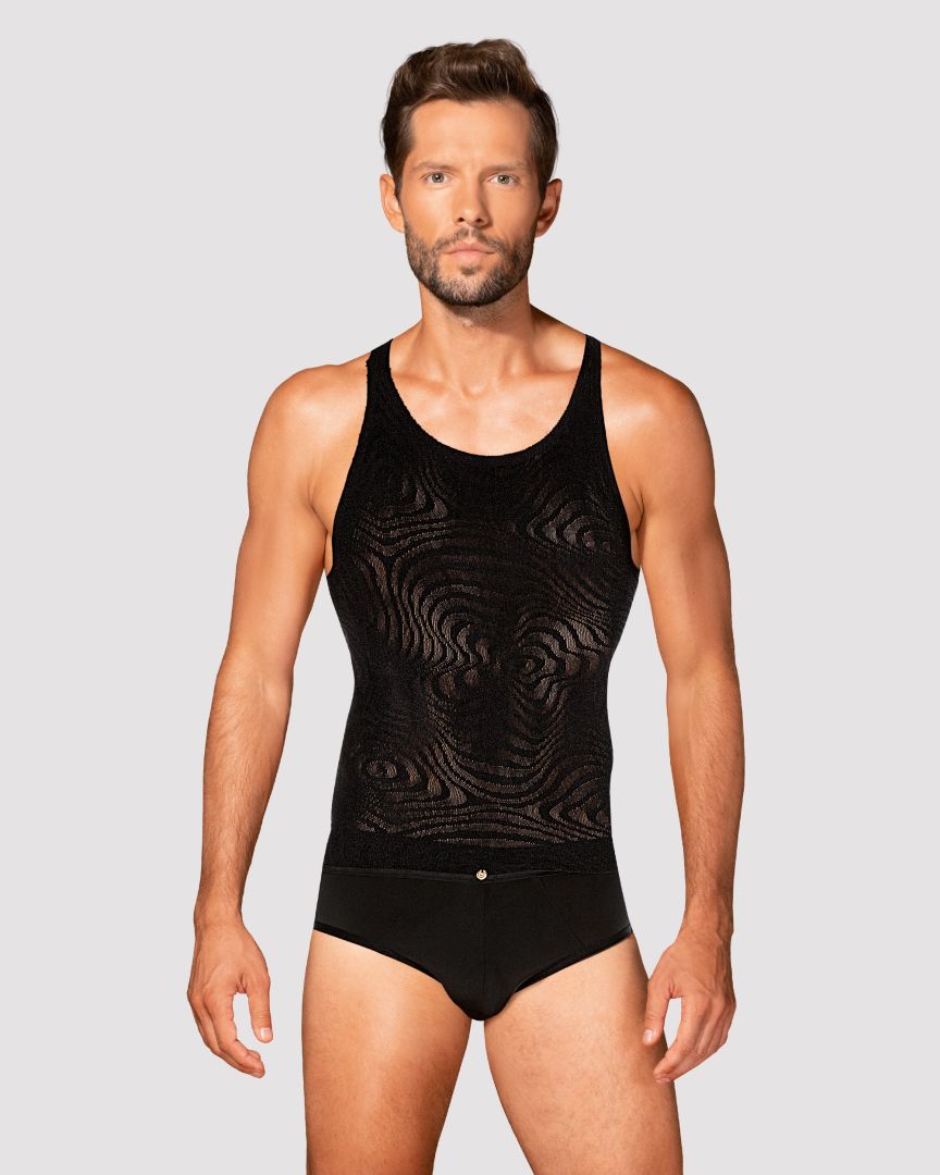 The black men's tank top seen from another angle