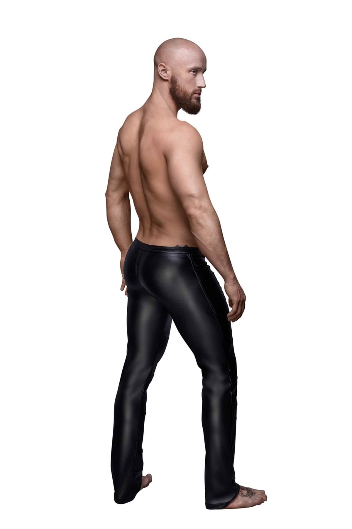 An alternate view of the black men's wetlook pants, with PVC applications