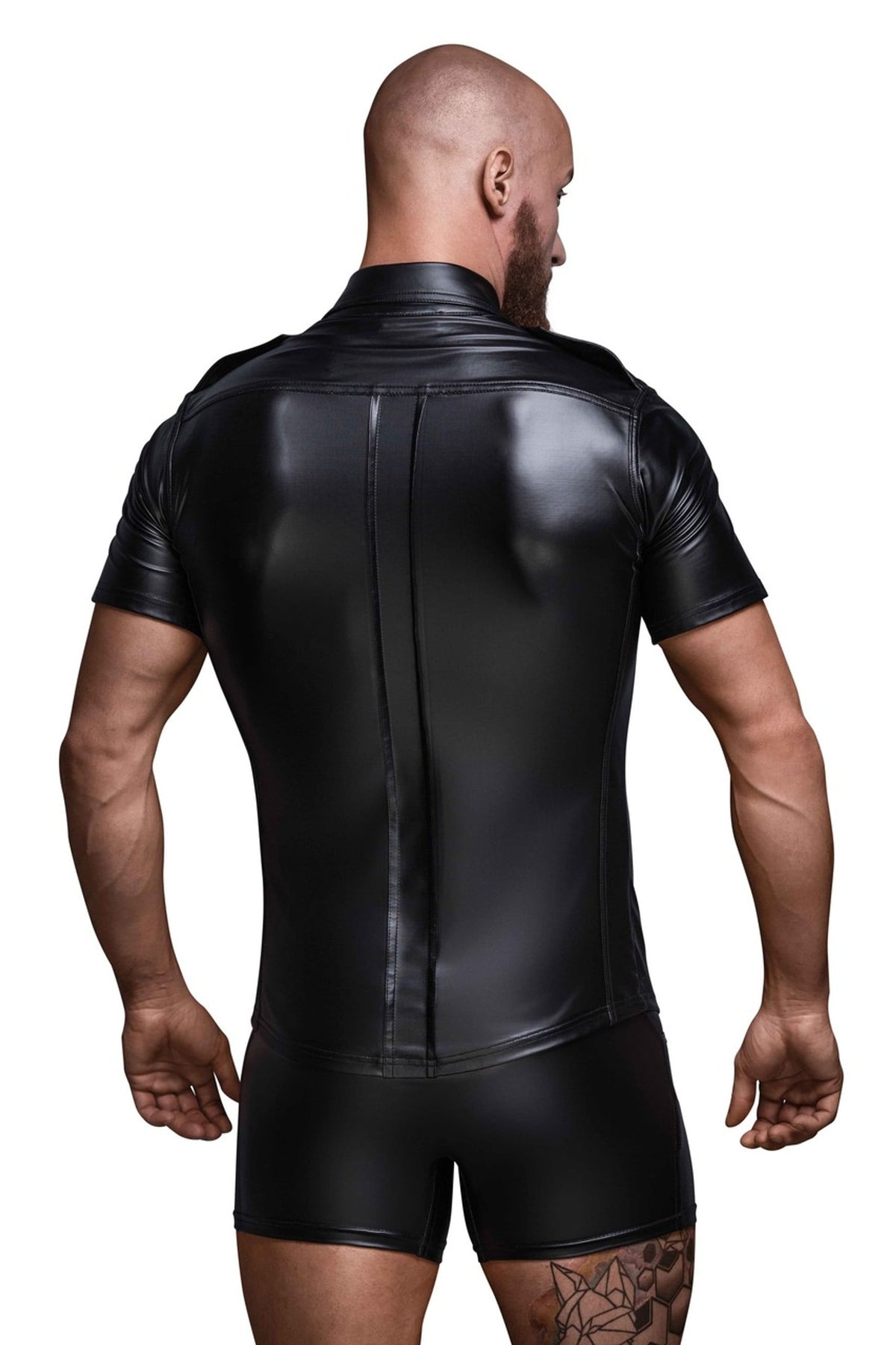 An alternate view of the black men's wetlook shirt, with front fastenings