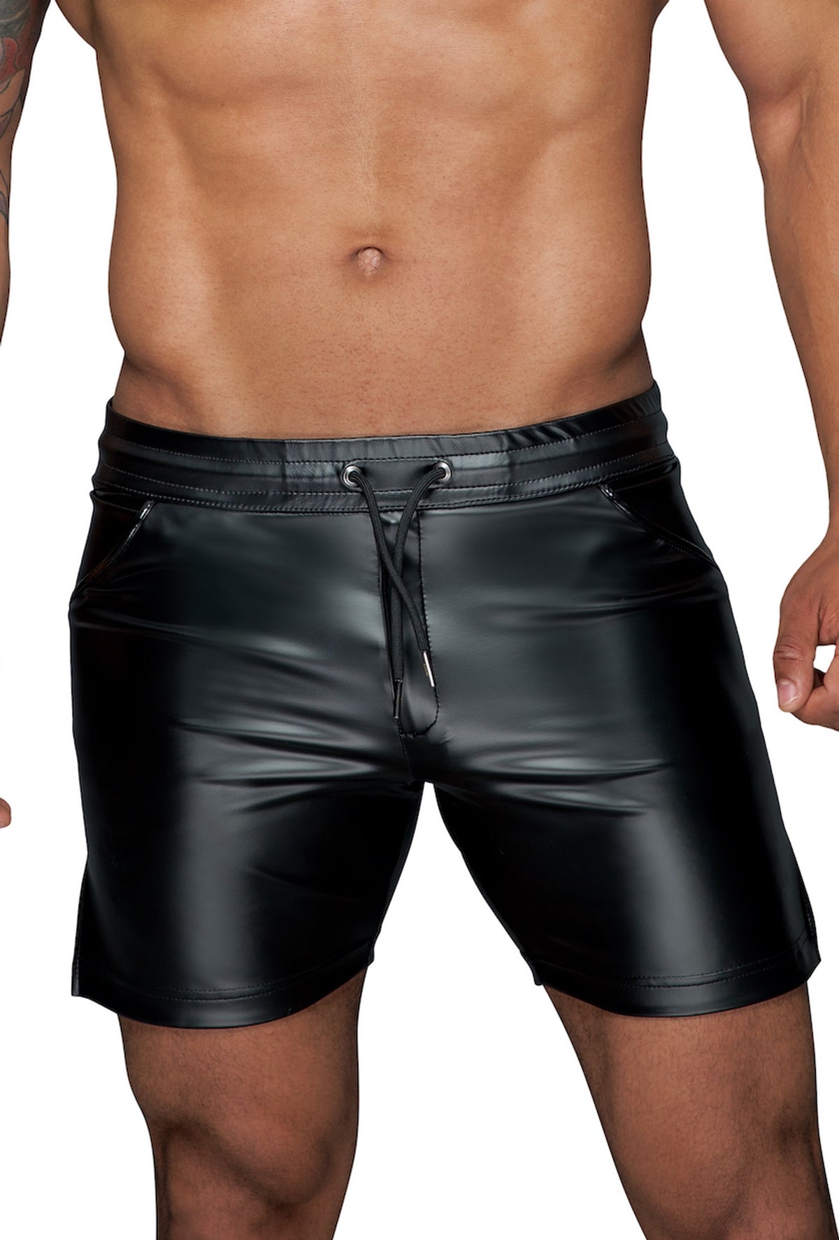 An alternate view of the black men's wetlook shorts, with an elastic waistband