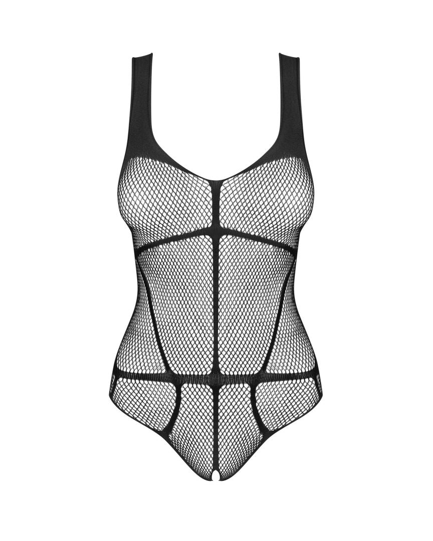 The black mesh crotchless teddy, seen from a different angle