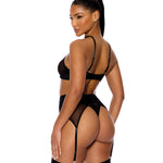 Black mesh halterneck bra and garter set with butterfly style cutouts and strappy details
