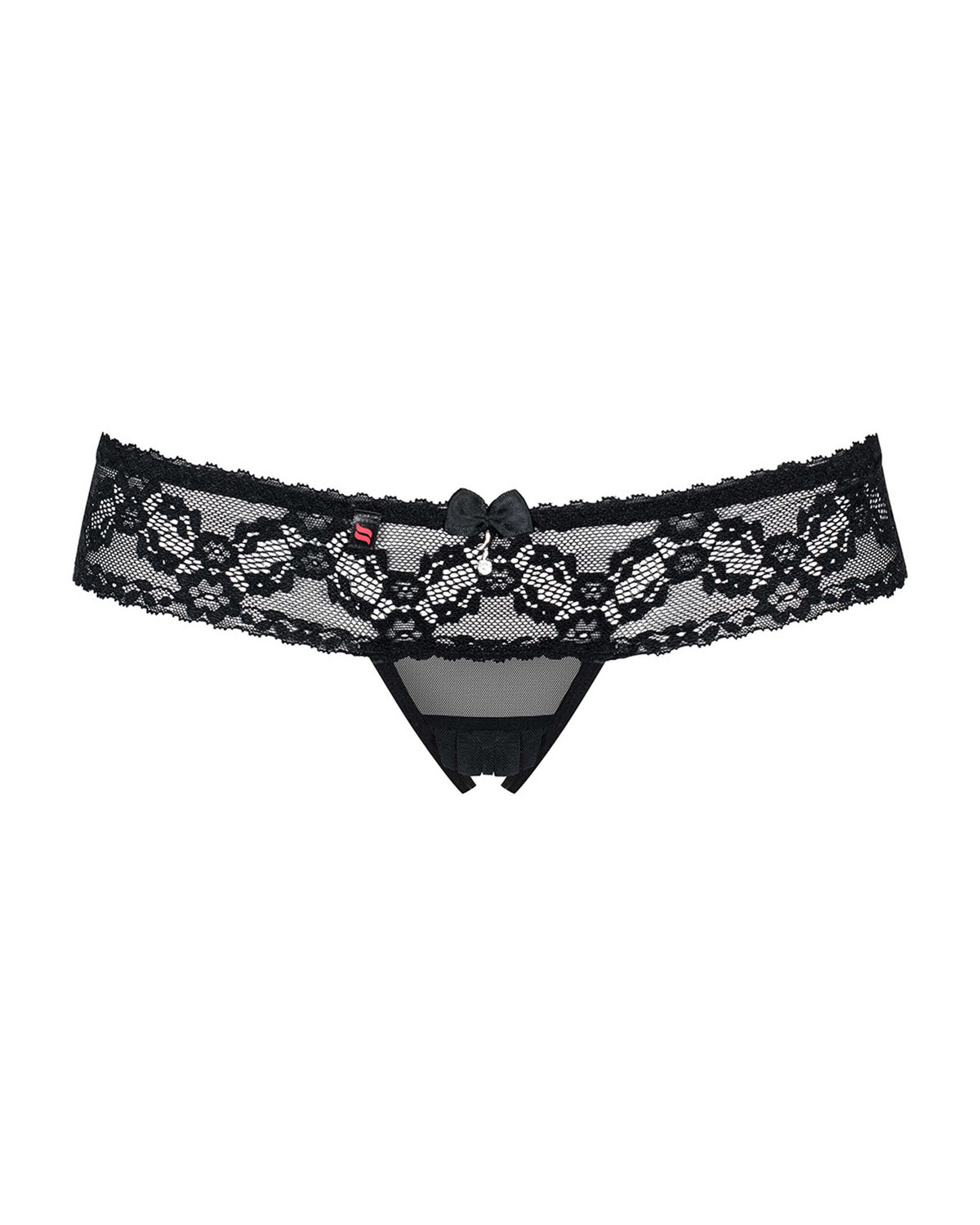 An additional view of the black mesh lace ouvert thong