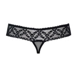 The black mesh lace ouvert thong, featuring a small jewel detail