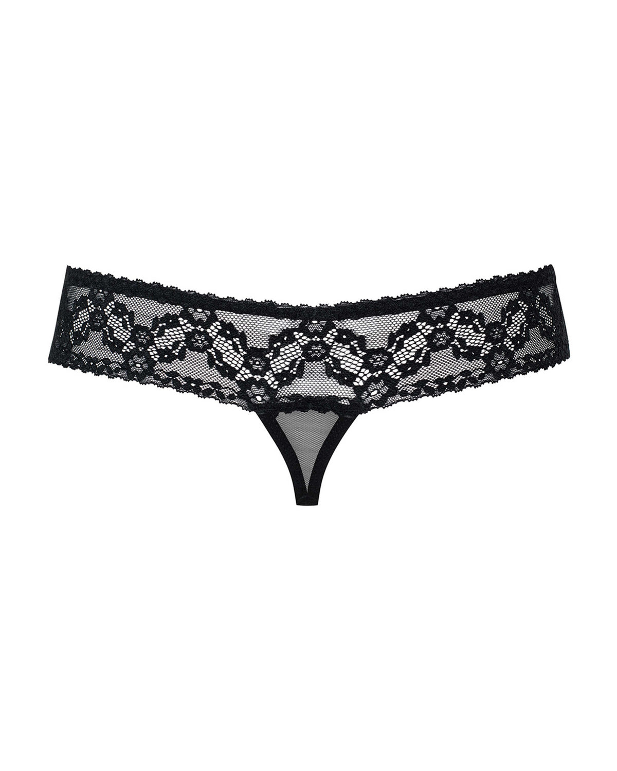 The black mesh lace ouvert thong, featuring a small jewel detail