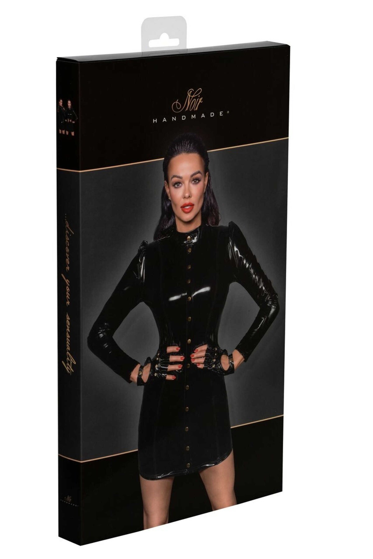 The black PVC mini dress, shown in an alternate image