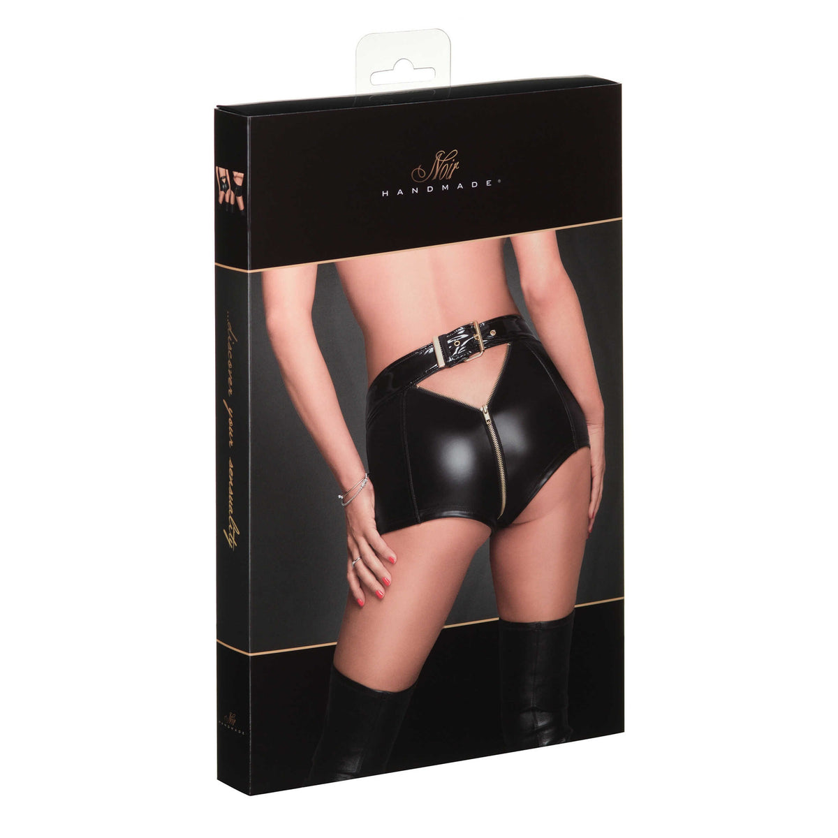 The black PVC wetlook shorts with a golden front zipper