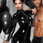 An additional view of the black PVC zip mini dress