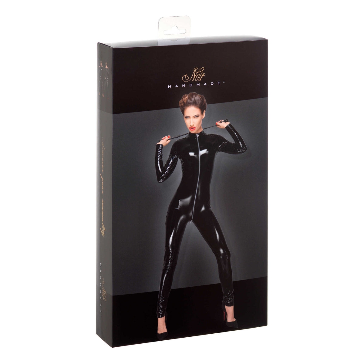 An additional view of the black PVC zip overall