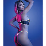 Black underwire bra with flash reflective binding and matching thong, alternate view