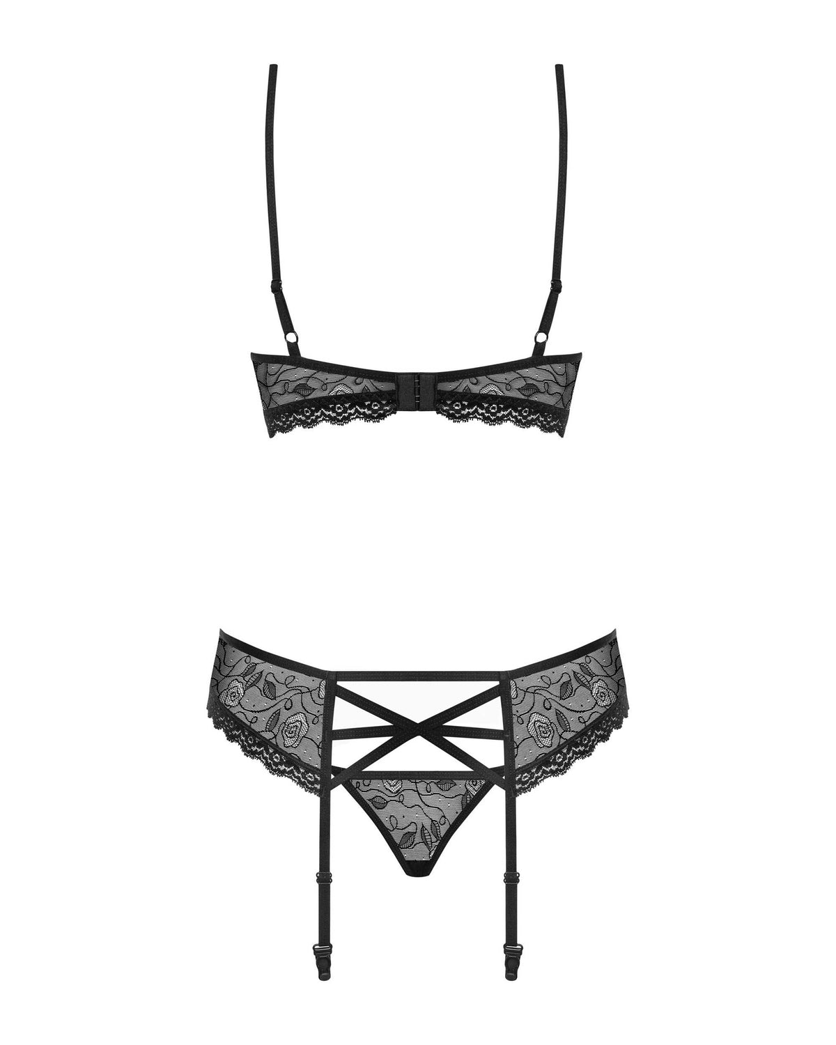 An additional view of the black rose motif garter set