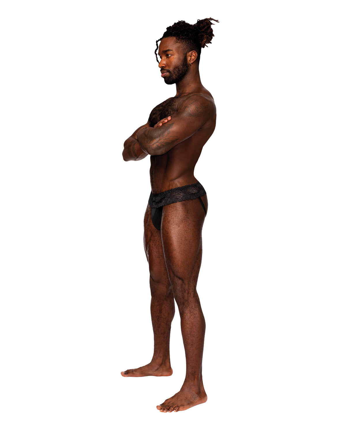 Black lace men's skirt jock with a sheer stretch mesh pouch